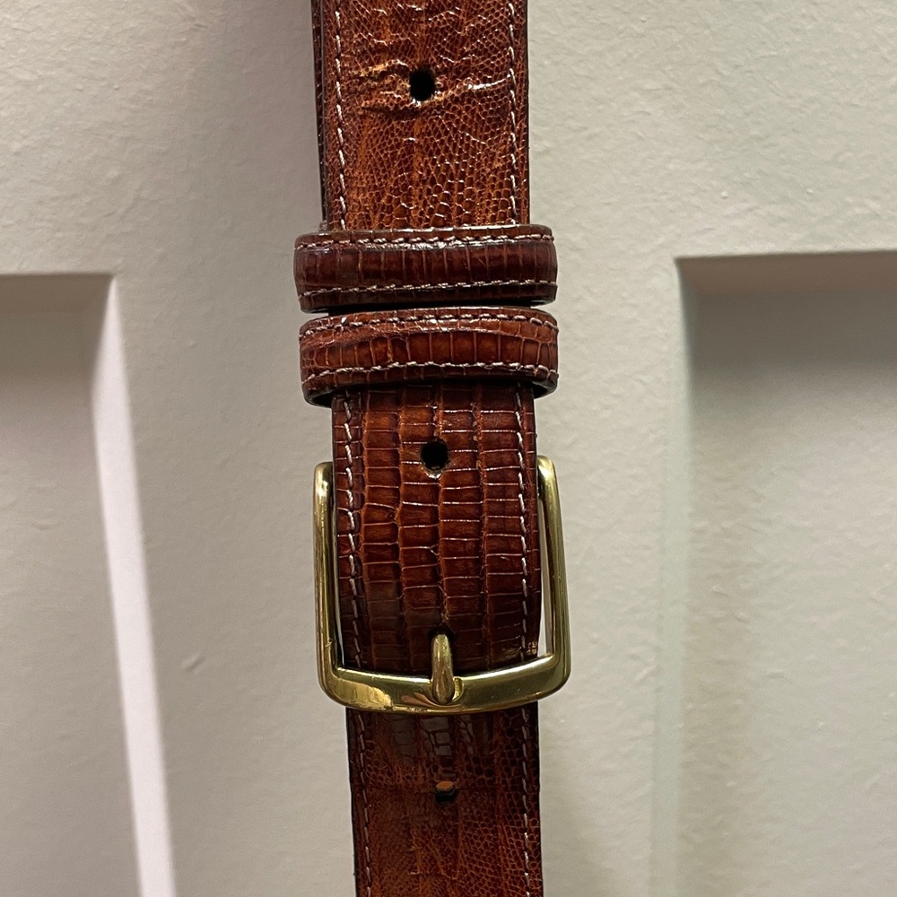 Vintage Coach Genuine Tejus Lizard Leather Belt Brown Cognac Brass Buckle 3870 S
